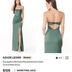 Azazie Green Strapless Gown with Cut Out and Slit